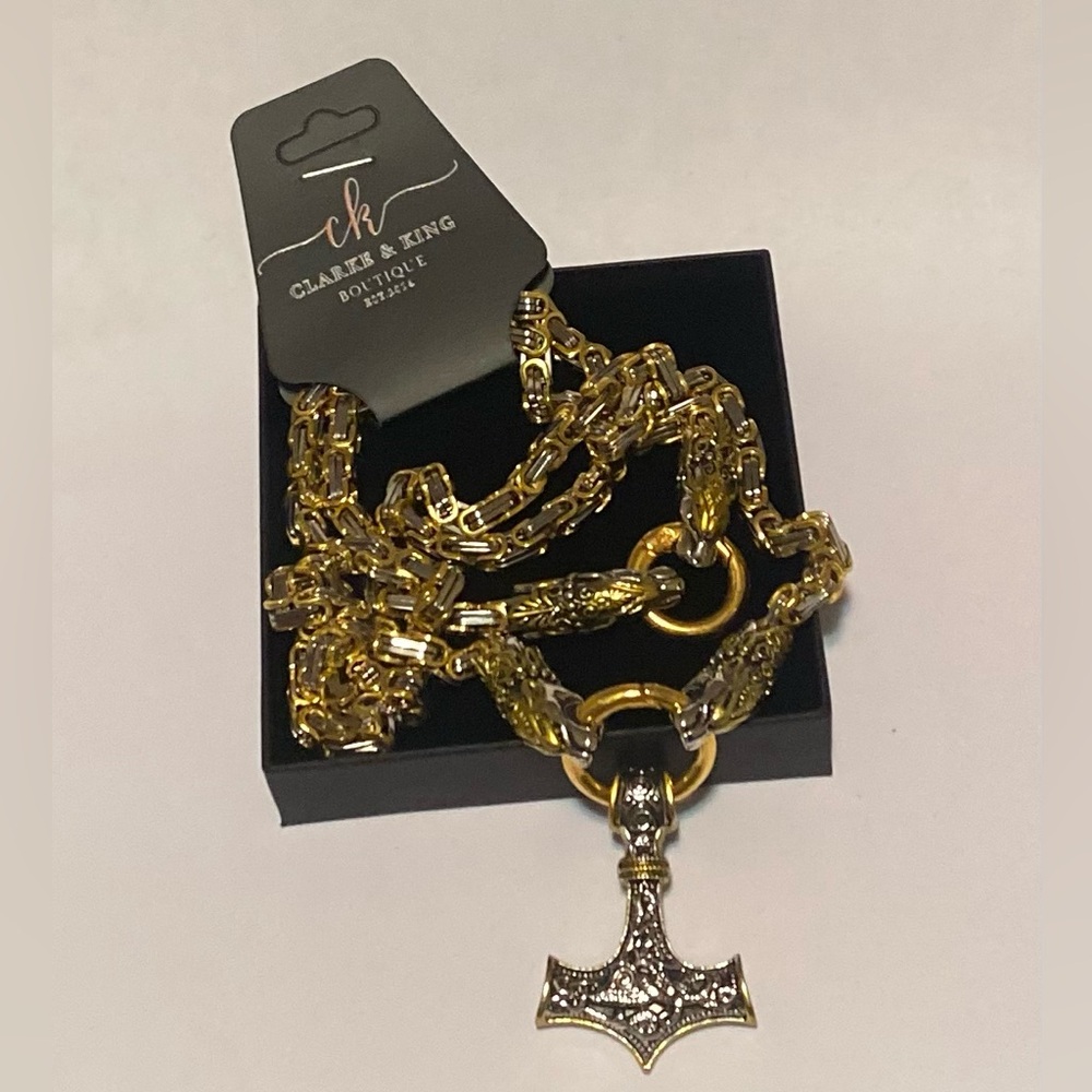 Men's Viking Wolf Head Necklace & Bracelet, includes Nordic Hammerhead Pendant